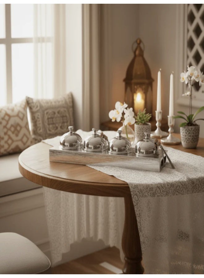 أي كي دي سي طقم أوعية حلوى AKDC مع حامل (4 قطع) - معدن فاخر بلمسة نهائية فضية، طقم تقديم مزخرف كامل، 51 × 14 × 10 سم - Image 3